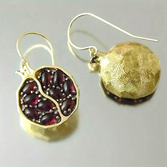 NEW Persephone Garnet Red and 14K Gold Plated Pomegranate Fruit Drop Earrings - Picture 4 of 5